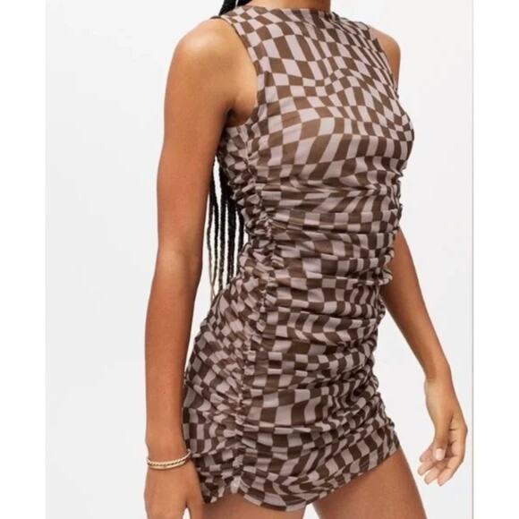 2/$30 Urban Outfitters Austin Mesh Mini Dress Taupe Checkered Ruched Size XS - Picture 2 of 14